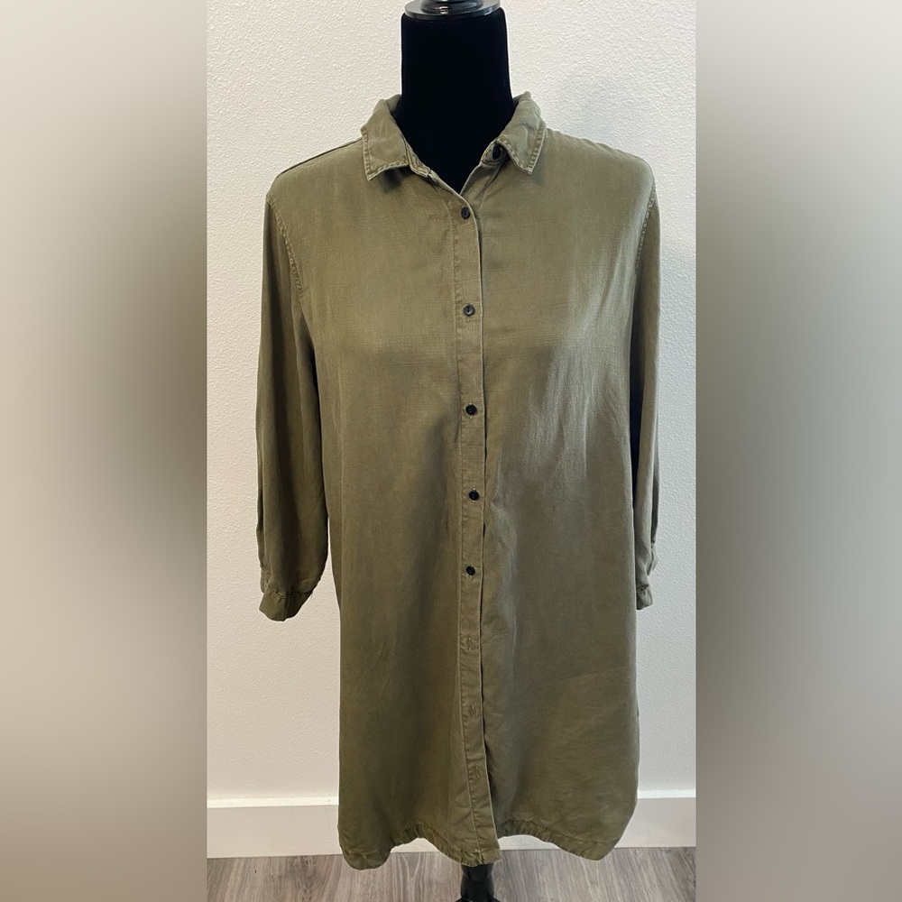 Zara Woman Premium Denim Collection Olive Green Button-Up Shirt Dress Large